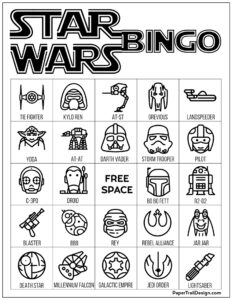 Star Wars bingo board game in black and white