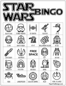 Star Wars bingo board game in black and white