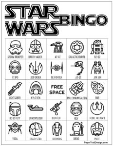 Star Wars bingo board game in black and white