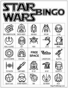 Star Wars bingo board game in black and white