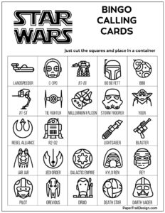 Star Wars calling cards for a bingo board game in black and white