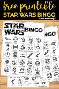 Star Wars Game Bingo Boards on wood background with text overlay- free printable Star Wars bingo