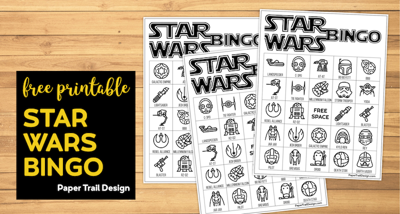 Star Wars Game Bingo Boards on wood background with text overlay- free printable Star Wars bingo