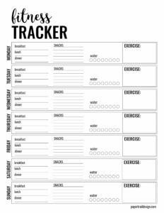 fitness tracker printable page including meal and snack tracking, water, and a space to record exercise.