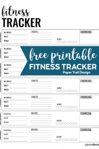 Fitness tracker page including meals, water, and exercise tracker with text overlay- free printable fitness tracker. 