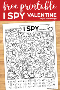 Valentine I Spy games on wood background with text overlay- free printable I Spy Valentine