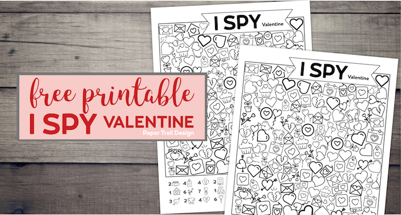 Two Valentine I Spy games on wood background with text overlay- free printable I Spy Valentine