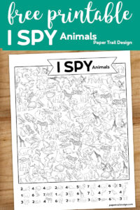 I spy animal themed activity page with text overlay- free printable I spy animals