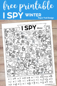 I spy winter themed activity page with text overlay- free printable I spy winter