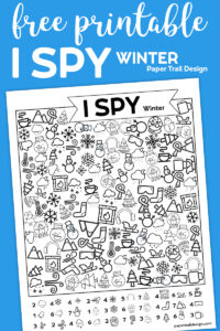 I spy winter themed activity page with text overlay- free printable I spy winter