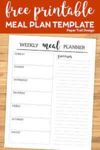 Meal plan template from Monday through Sunday and a grocery list with text overlay- free printable meal plan template