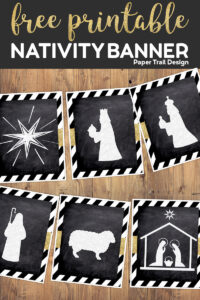 Decorative Nativity themed banner flags including a star, wise men, shepherd, sheep, and Christ child with Joseph and Mary- with text overlay free printable nativity banner