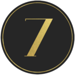 Black circle banner with gold number 7