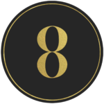 Black circle banner with gold number 8