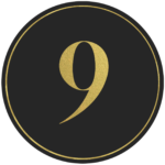 Black circle banner with gold number 9