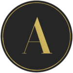 Black circle banner with gold letter A