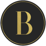 Black circle banner with gold letter B