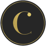 Black circle banner with gold letter C