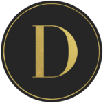 Black circle banner with gold letter D