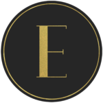 Black circle banner with gold letter E