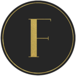 Black circle banner with gold letter F