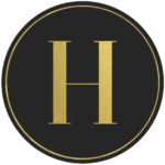 Black circle banner with gold letter H
