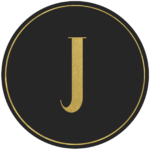 Black circle banner with gold letter J