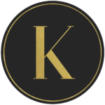 Black circle banner with gold letter K