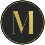 Black circle banner with gold letter M