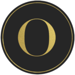 Black circle banner with gold letter O