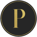 Black circle banner with gold letter P
