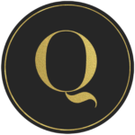 Black circle banner with gold letter Q