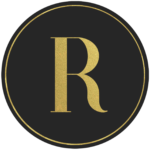 Black circle banner with gold letter R