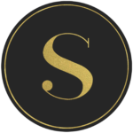 Black circle banner with gold letter S