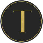 Black circle banner with gold letter T