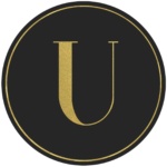 Black circle banner with gold letter U