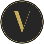 Black circle banner with gold letter V