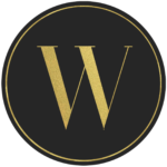 Black circle banner with gold letter W