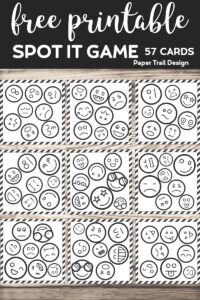 Emoji faces on cards that make a spot the match game with text overlay- free printable spot it game, 57 cards