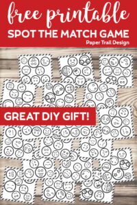 Emoji faces on cards that make a spot the match game with text overlay- free printable spot the match game, great DIY gift!