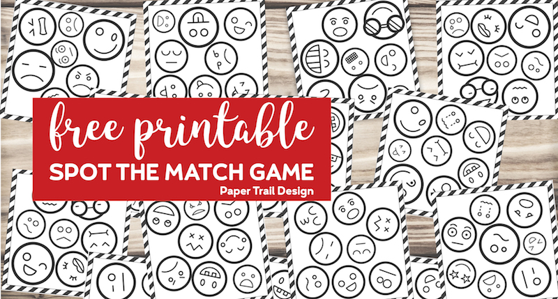 Emoji faces on cards that make a spot the match game with text overlay- free printable spot the match game