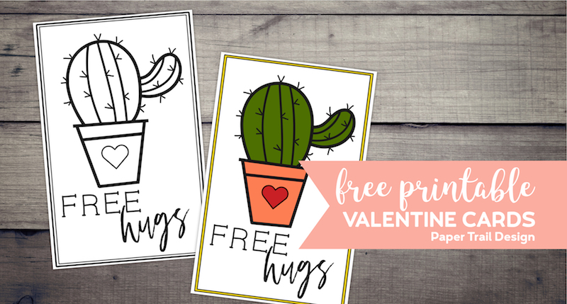 Black and white cactus valentine card and a colored in cactus valentine card with words "free hugs" with text overlay- free printable valentine cards.