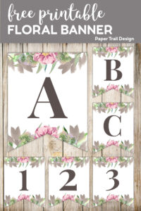 Banner flags A, B, C, 1, 2, and 3, with floral embelishments with text overlay - free printable floral banner