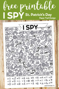 I Spy St. Patrick's Day themed activity page with text overlay free printableI Spy St Patrick's Day