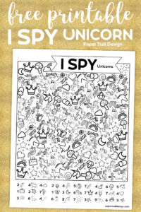 Unicorn I spy activity page printable on a gold background with text overlay- free printable I spy unicorn