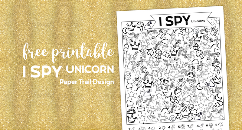 Unicorn I spy activity page printable on a gold background with text overlay- free printable I spy unicorn