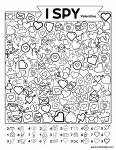 I spy activity page with different valentine hearts to find