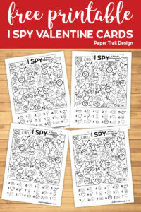 Four I spy themed valentine cards with text overlay- free printable I spy valentine cards.