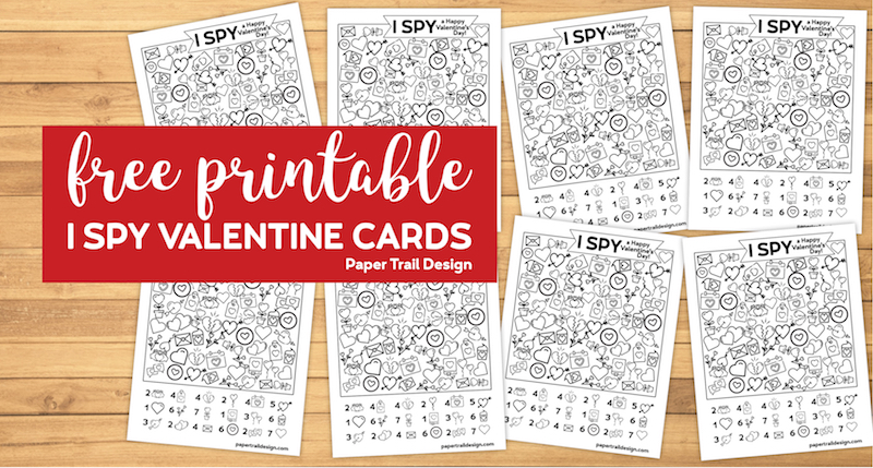 Eight I spy themed valentine cards with text overlay- free printable I spy valentine cards.
