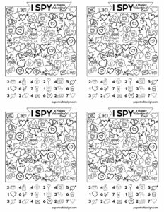Four I Spy Valentine Cards for a kids classroom valentine exchange